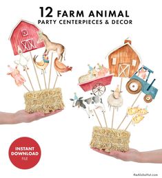 farm animal party centerpieces and decor with straw bales on sticks in hand