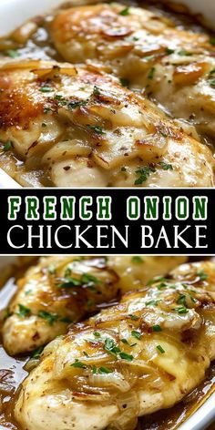 French Onion Chicken Bake = comfort food heaven! 🧅🍗 Juicy chicken baked with caramelized onions and gooey cheese for the ultimate dinner dish. Perfect for cozy nights! 🥘✨ #FrenchOnionChicken #EasyDinners #ComfortFood #BakedChicken