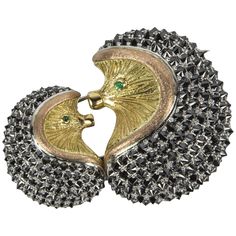 Delightful Mother and Baby Hedgehog Brooch pave set with 260 black diamonds weighing approx. 12.63ct; hand crafted in 18k multi colored white, yellow and rose gold; Emerald set eyes. Approx. size: 2” x 1.5”. Approx. weight: 43.07gm. A perfect complement to every wardrobe…Illuminating your Look with a touch of Timeless Class, now and always! Luxury Artistic Brooch Jewelry, Luxury Statement Brooch Pin, Luxury Statement Pins Brooch, Luxury Collectible Brooch, Luxury Timeless Brooch Jewelry, Luxury Jeweled Collectible Brooches, Luxury Collectible Jewelry Brooch, Luxury Statement Brooches, Luxury Unique Statement Brooches