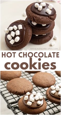 chocolate cookies with marshmallows on top and the words hot chocolate cookies above