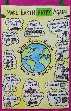 a poster with words written on it that say make earth happy again, and an image of