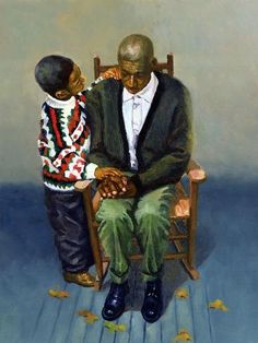 a painting of an older man and young boy sitting on a rocking chair, both looking at each other