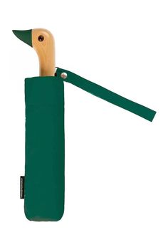 a green umbrella holder with a wooden handle