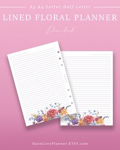 two lined floral planner pages on pink background with the text, as4 lettered paper