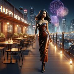 a woman in a dress is walking down the street at night with fireworks behind her