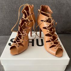 *New* Schutz Lace-Up Leather Sandal Heels With Dust Bag & Original Box Size:6 Style: Mestico Sunkiss Color: Slate, Tan Retail $230.00 Send Me An Offer! Blue High Heels, Jeweled Heels, Leopard Pumps, Crystal Sandals, Rhinestone Heels, Sandal Heels, Strappy Sandals Heels, White Heels, Stiletto Sandals