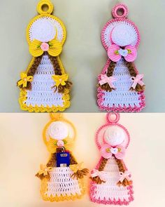 three crocheted purses are shown in different colors and designs, one is pink, the other is yellow