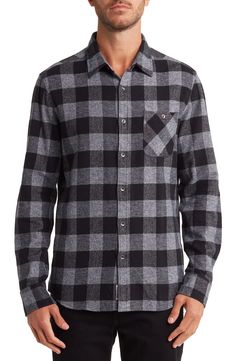 Amp up your cool-weather wardrobe with this button-down shirt that is crafted from plaid all-cotton flannel and completed with classic work-wear details. 29.5" length; 35.5" sleeve (size M) Spread collar Long sleeves Button front Single pocket 100% cotton Machine wash cold, tumble dry low Imported Model stats: 6'1" height, 32" waist. Model is wearing size M. Black Flannel Shirt With Button Closure, Gray Button-up Flannel Shirt For Fall, Gray Cotton Button-up Flannel Shirt, Plaid Flannel Shirt, Cotton Flannel, Plaid Flannel, Flannel Shirt, Casual Button Down Shirts, Casual Button Down Shirt