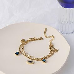 Exquisite Blue Evil Eye Charm Bracelet 18K Gold Finish - OurCoordinates Blue Evil Eye Necklace, Blue Evil Eye Bracelet, 18k Gold Bracelet, Bracelet Accessories, Evil Eyes, Gold Charm Bracelet, Free Bracelet, Blue Evil Eye, Evil Eye Charm