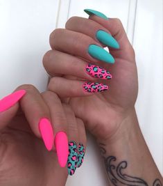 Bright Cheetah Print Nails, Cheetah Summer Nails, Hot Pink And Turquoise Nails, Bright Leopard Nails, Neon Cheetah Print Nails, Summer Ballerina Nails, Nail Ideas Ballerina, Pink And Teal Nails Design, Neon Nails Designs Summer 2024