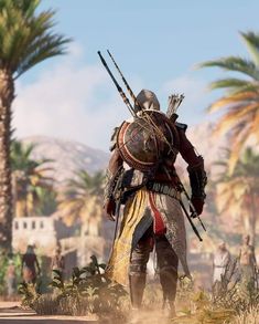 an image of a man in armor walking through the desert with palm trees behind him