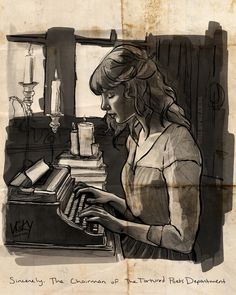 a drawing of a woman typing on an old typewriter