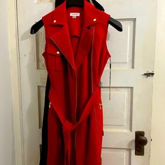 Size 4 With Tags, Never Worn Calvin Klein Workwear Dresses For Fall, Calvin Klein Fall Workwear Dresses, Fitted Red Sleeveless Outerwear, Red Fitted Sleeveless Outerwear, Red V-neck Outerwear With Button Closure, Calvin Klein Red, Calvin Klein Dress, Womens Calvin Klein, Jacket Dress