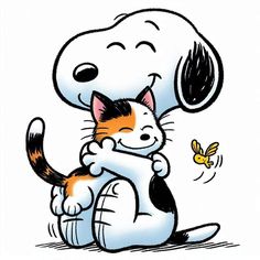 a cartoon dog hugging a cat on the back of it's head with a butterfly flying by