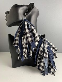 Black and White Buffalo Plaid fabric with denim fringe frayed long hanging earrings. Statement piece earrings. Bold, fun, attention-getting.  Made for pierced ears. Buffalo Plaid Fabric, Fabric Earrings, Hippie Earrings, White Buffalo, Hanging Earrings, Fabric Jewelry, Jewelry Maker, Buffalo Plaid, Tassel Earrings