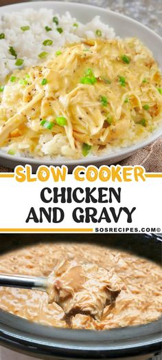 slow cooker chicken and gravy recipe with text overlay