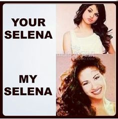 two different pictures of a woman with long hair and the words, your selena my selena