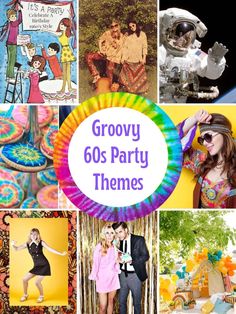 there are many different pictures with the words grooy 60's party themes