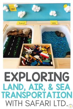 an image of a book cover for exploring land, air and sea transportation with safari ltd