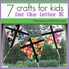 the words 7 crafts for kids for the letter k are in front of a stained glass window