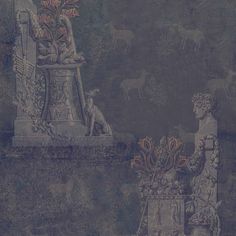 an artistic scene with statues and flowers in vases on a table next to a deer wallpaper