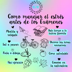 a poster with different things in spanish and english on the back ground, including an image of a bicycle