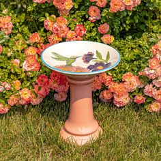 a birdbath sitting in the grass next to some pink flowers and shrubbery