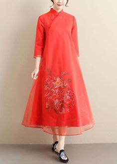 Elegant Red Embroidery Clothes Stand Collar Long Summer Dress - Omychic Embroidery Clothes, Long Summer Dress, Red Summer Dresses, Clothes Stand, Red Embroidery, Elegant Red, Long Summer Dresses, White Dress Summer, Dress Fabric