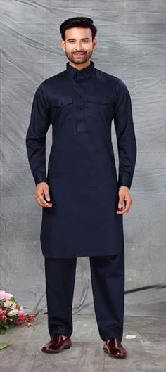 Blue color Pathani Suit in Cotton fabric with Thread work Blue Fitted Unstitched Long Sleeve Suit, Blue Cotton Workwear Sets, Blue Cotton Unstitched Formal Suit, Blue Long Sleeve Kurta For Workwear, Blue Long Sleeve Workwear Kurta, Traditional Blue Kurta For Work, Blue Cotton Unstitched Suit For Eid, Elegant Blue Cotton Unstitched Suit, Elegant Blue Kurta For Work