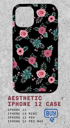 an advertisement for the iphone 12 case, with flowers on black and pink background in blue