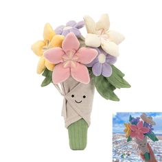 a bouquet of flowers is shown next to an image of a stuffed animal holding it's head