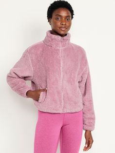 standing collar long sleeves full-zip front welt pockets elastic cuffs and hem loose fit hits below waist models are approx.  5'9" and wear sizes s (4), l (12), and xl (18)machine wash according to the care instruction label  . Best Holiday gift for Women , perfect Jackets for Christmas! Pink Sherpa Jacket, Pink Sherpa, Womens Sherpa, Pajamas Gift, Standing Collar, Sherpa Jacket, Family Maternity, Family Pajamas, Old Navy Women