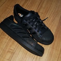 Brand New, Never Used Adidas Black Sneakers With Perforated Toe Box, Adidas Black Skate Shoes With Round Toe, Adidas Black Round Toe Skate Shoes, Black Synthetic Skate Shoes With Studded Outsoles, Black Skate Shoes With Speckled Midsole, Black Synthetic Skate Shoes With Perforated Toe Box, Adidas Super Star, Black Work Shoes, Adidas Super