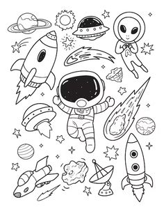 an astronaut coloring page with space and rockets