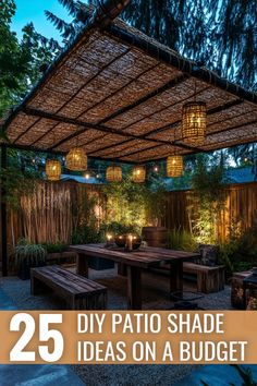 an outdoor patio with wooden tables and benches under a pergolated roof, surrounded by plants