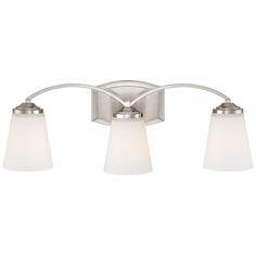 three light bathroom fixture with white glass shades on the sides and chrome metal finish,