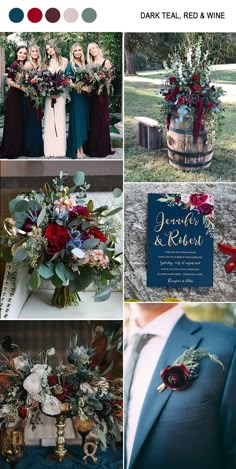 a collage of photos with flowers and greenery on them, including wine bottles