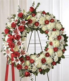 Red & White Circle Wreath - DGM Flowers  | Fort Lauderdale Florist Wreaths For Funerals, Remembrance Flowers, Casket Sprays, Large Flower Arrangements, Red And White Flowers, Memorial Flowers, Beautiful Red Roses, Sympathy Flowers, Flowers For You