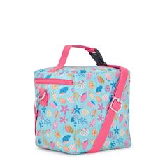 a blue lunch bag with pink handles and an ocean theme design on the front pocket