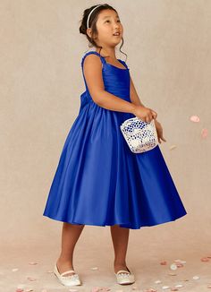 Let your flower girl have fun walking down the aisle while tossing petals in our Matte Satin A-line dress, Cutie Pie. Her square neckline is ruched beautifully and has elastic straps. The back ties into a beautiful bow while the gathered skrit is perfect for twirling an dancing. This dress is not only perfect for a flower girl at a wedding but also versatile enough for other special occasions. Satin Flower Girl Dresses, Royal Blue Flowers, Flower Girl Dresses Blue, Fun Walk, Rose Champagne, Dresses Royal, Royal Blue Dresses, Tea Length Dresses, Matte Satin