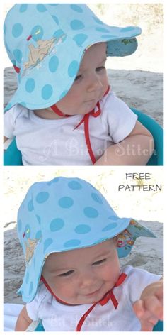 two pictures of a baby wearing a blue and white polka dot sun hat with red ties