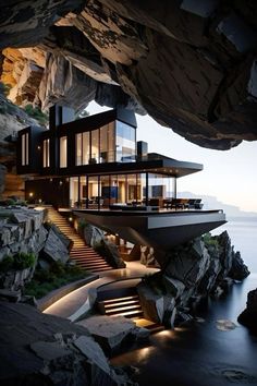 a house built into the side of a cliff by the ocean at night with stairs leading up to it