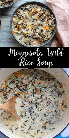 two pictures showing different types of rice soup in pans and one with carrots on top