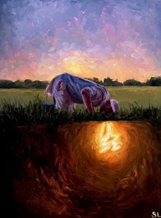 a painting of an elephant bending down to drink water from a pond with the sun setting in the background