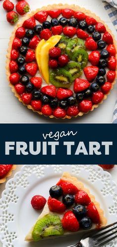 a fruit tart on a white plate with berries and kiwis in the middle