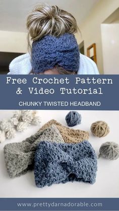 the crochet headband is made with chunky twisted yarn and has a free video instructions