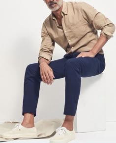 Beige / Oatmeal / Light Brown Shirt . Dark Blue / Navy Chinos #Spring #Summer Mens Navy Blue Chinos Outfit, Dark Pants Outfit Men, Men’s Navy Chino Outfit, Blue Trousers Outfit Men Casual, Mens Navy Chinos Outfits, Navy Chinos Men Outfits Casual, Mens Blue Chinos Outfits, Navy Blue Outfit Men Casual, Mens Navy Pants Outfit