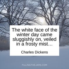 Charles Dickens face of winter day quote in black text on white background over outdoor scene of misty winter sunrise.