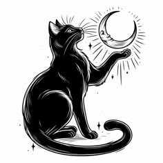 a black cat sitting on its hind legs and reaching for the moon with its paw