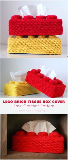 crocheted tissue box cover with tissue in it and the instructions for how to make it